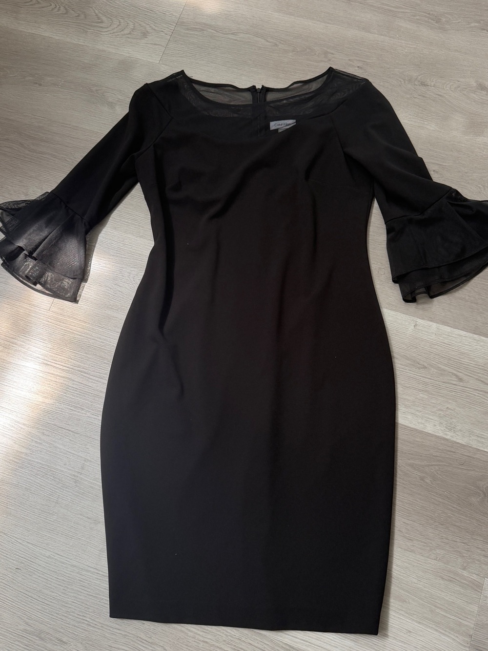 Calvin Klein Black Sheath Dress with Ruffle Bell Sleeves